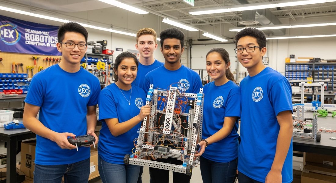 Youth robotics team celebrating with their robot