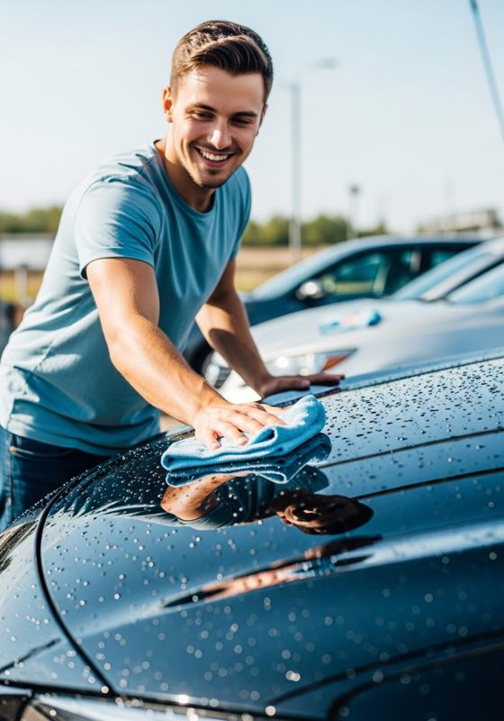 A member drying their car by hand after a wash