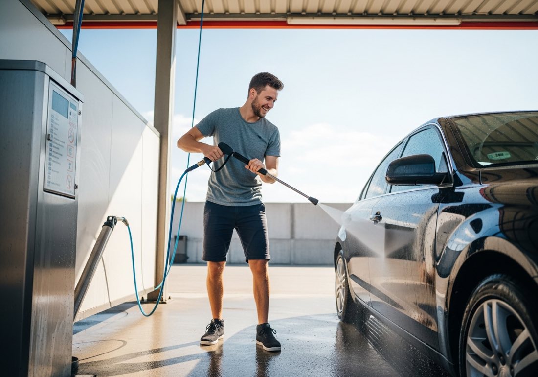Customer power washing their car in a self-service bay